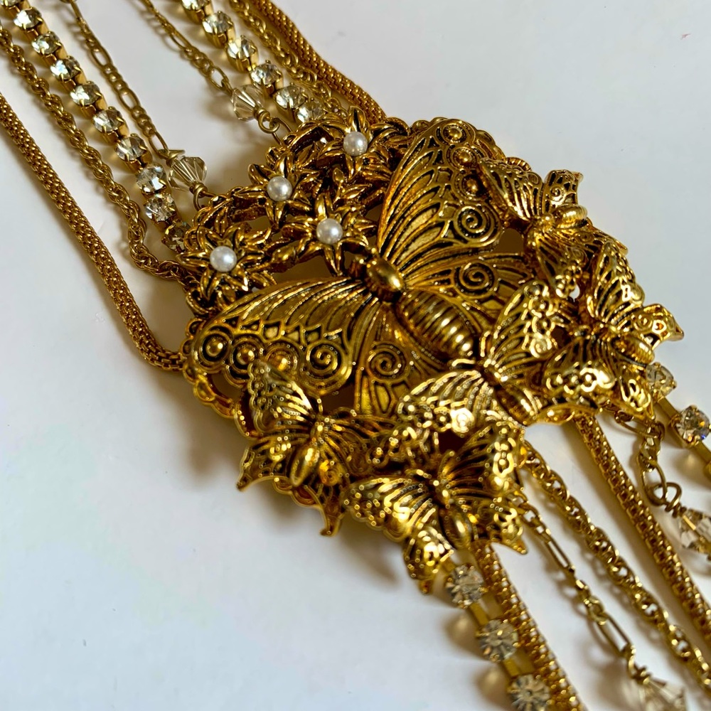 Long 28 Inch Muti Chain Necklace With Butterfly Pendant Gold Tone Rhinestones